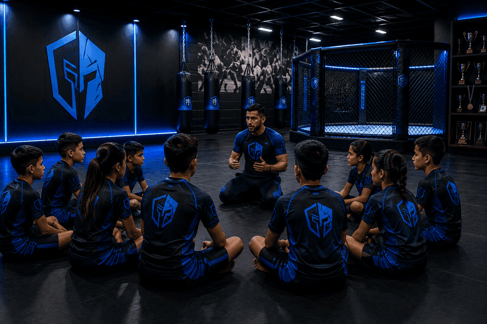 Equipo de una academia de artes marciales reunido antes de competir
