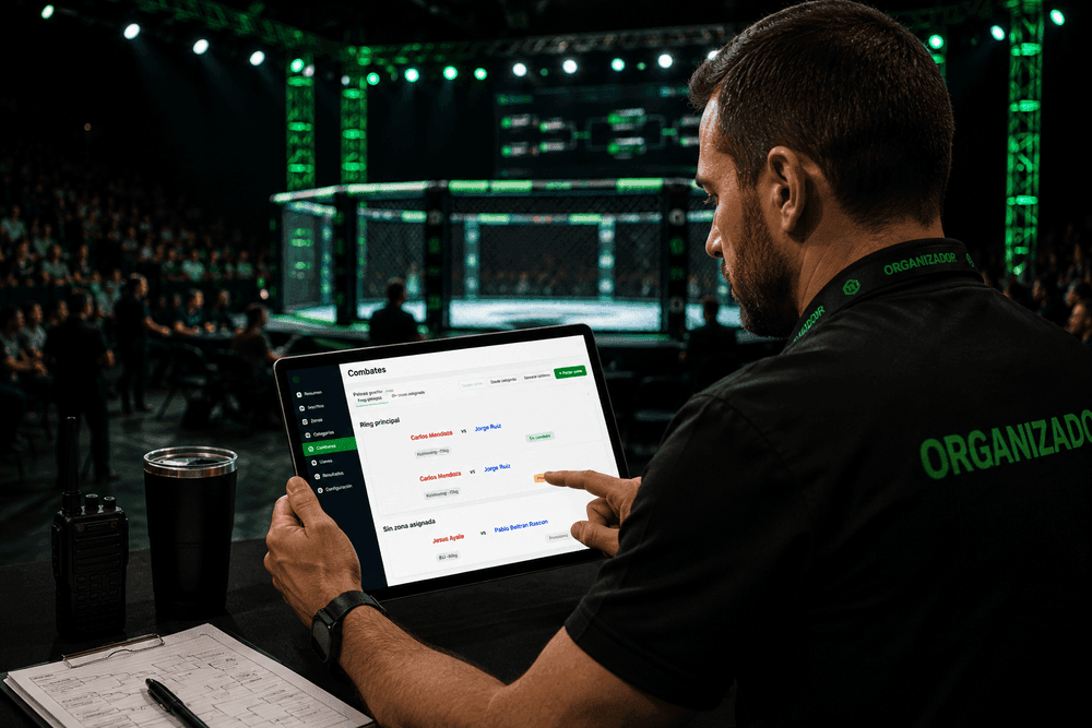 Organizador revisando el panel de Fight Manager en una tablet durante un evento